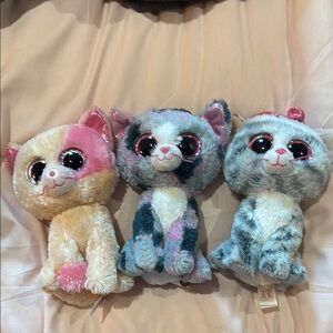Ty Stuffed Animals Trio - Pink, Blue, Gray Cats